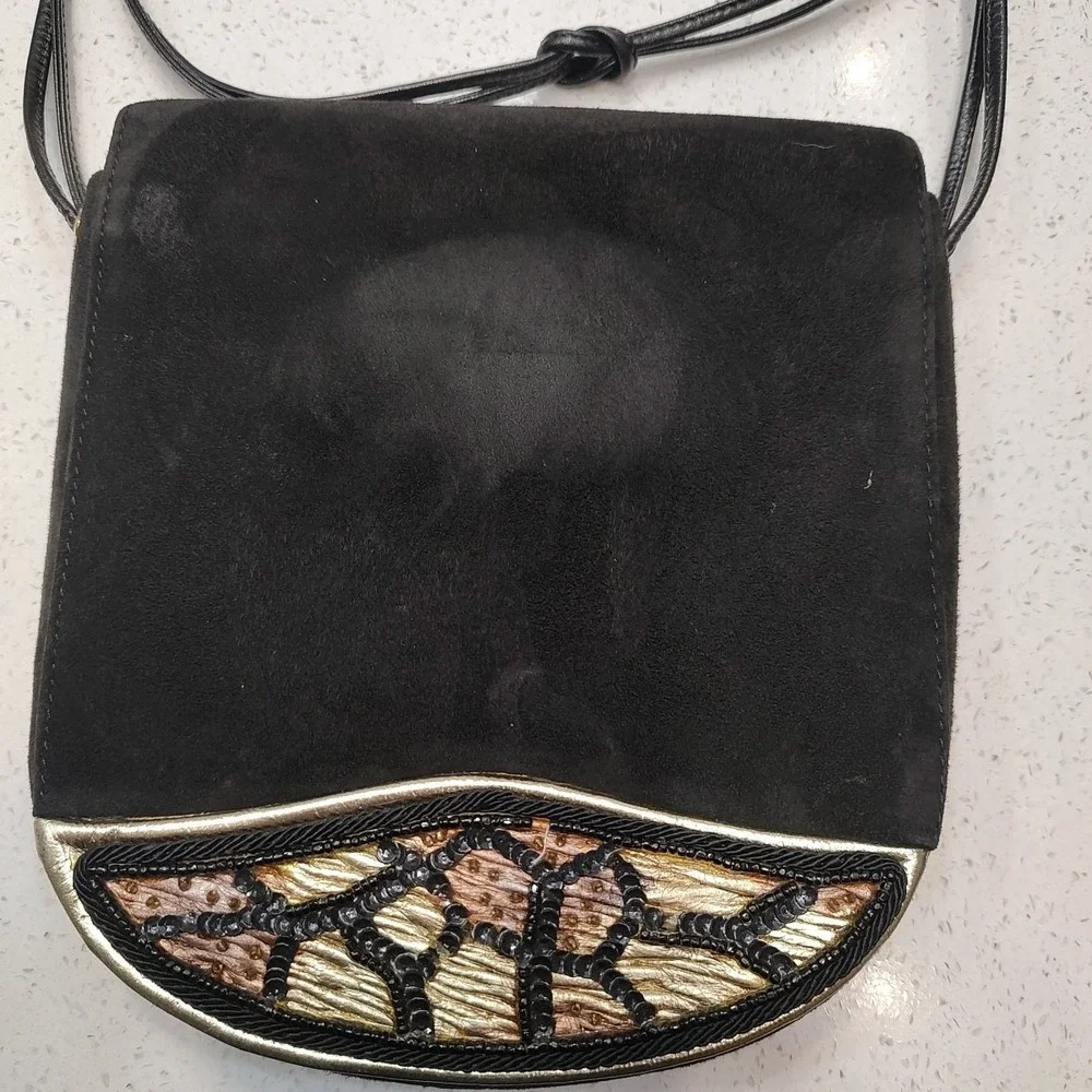 VTG Rodo Italy Black Suede‎ Evening Shoulder Bag Crossbody Purse Beaded Metallic